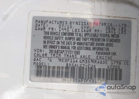 2015 Nissan Sentra Sl z USA, uszkodzony, nr VIN 3N1AB7AP7FY311090